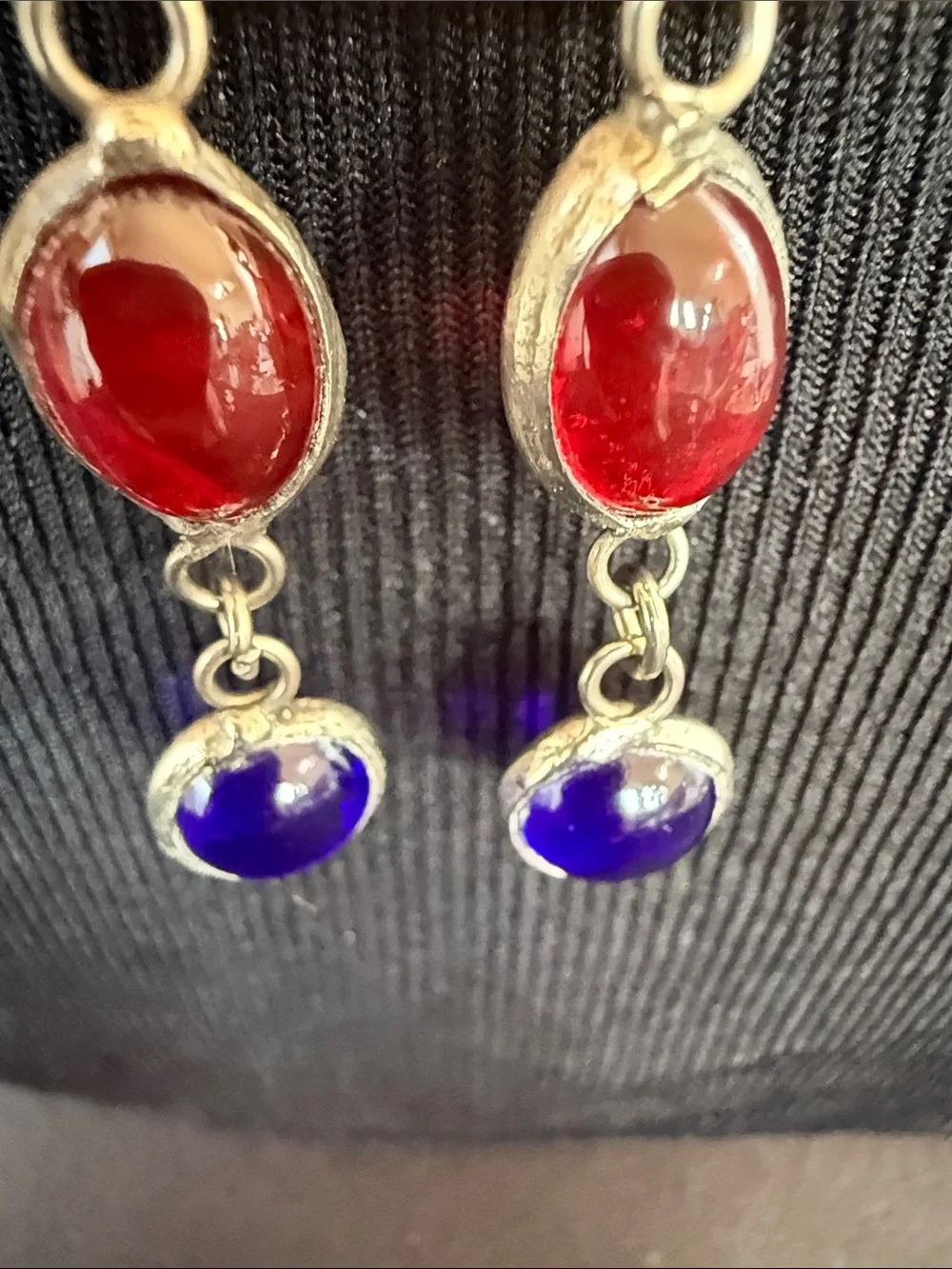 Vintage silver plated Red and Blue Glass Drop Earrings handcrafted.